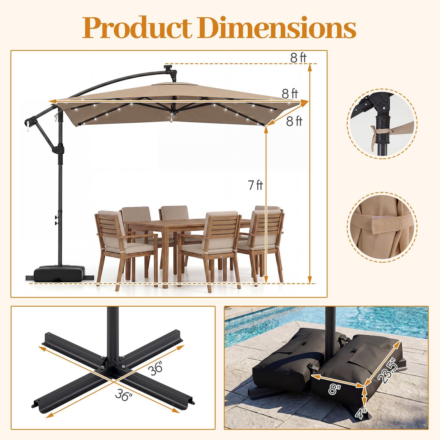 Tangkula 8x8 FT Solar Patio Umbrella with Base Included Square Offset Cantilever 360 Degree Rotation 32 LED Lights