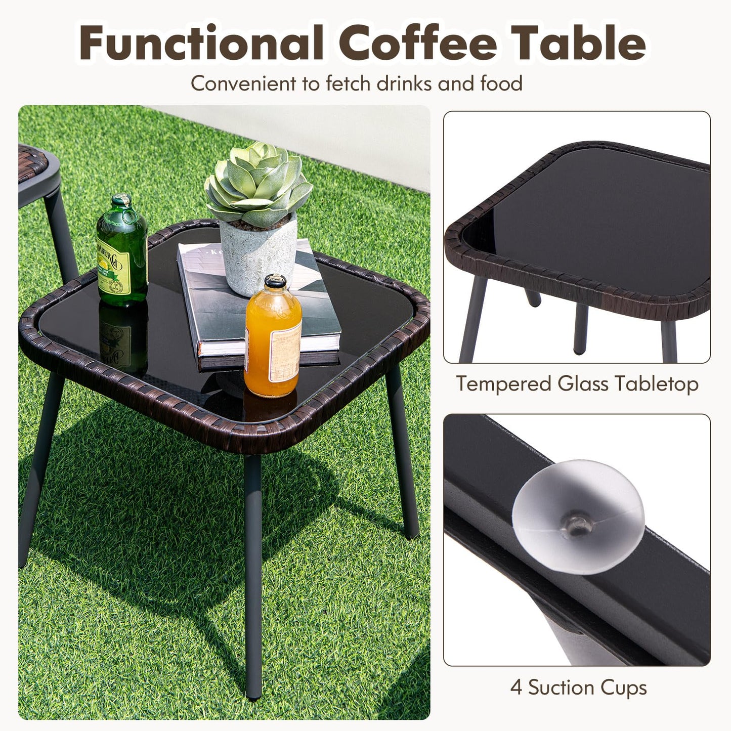 Tangkula 3 Piece Patio Rattan Furniture Set, Patiojoy Quick Dry Foam Padded Chairs w/Tempered Glass Tabletop