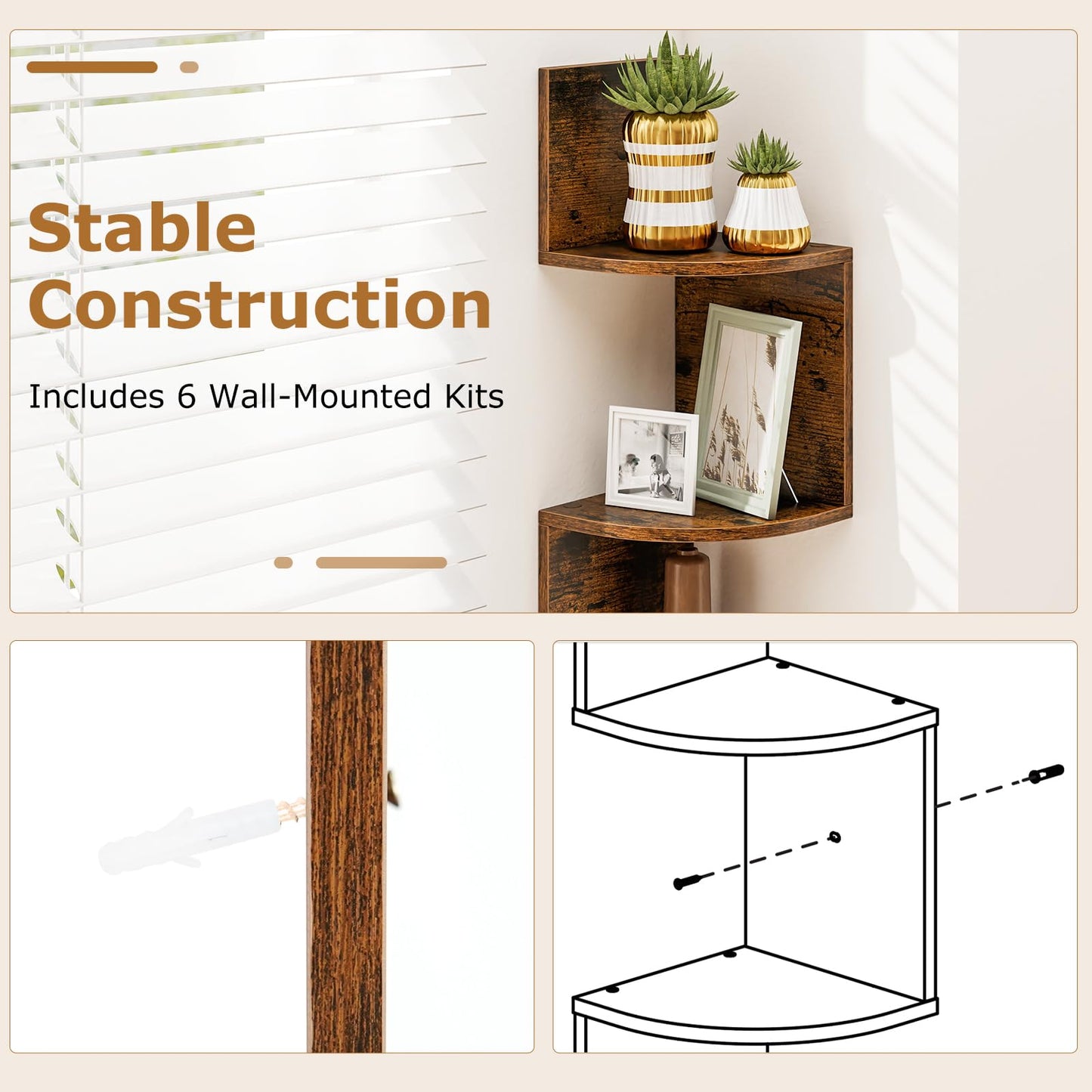 Tangkula 5-Tier Corner Shelf Wall Mount Farmhouse Floating Corner Bookshelf