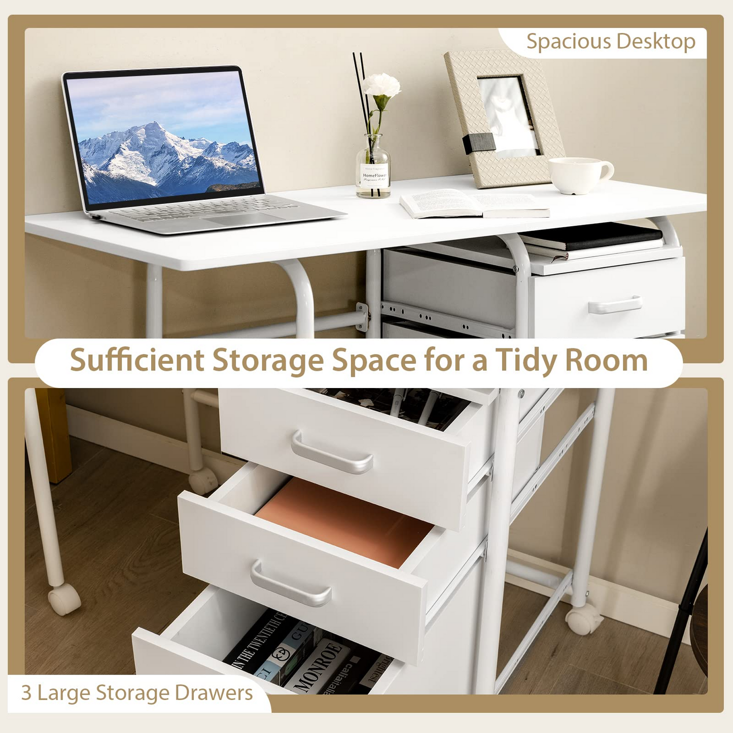 Tangkula White Folding Desk with 3 Drawers, Mobile Home Office Desk, Portable Laptop Desk Writing Table