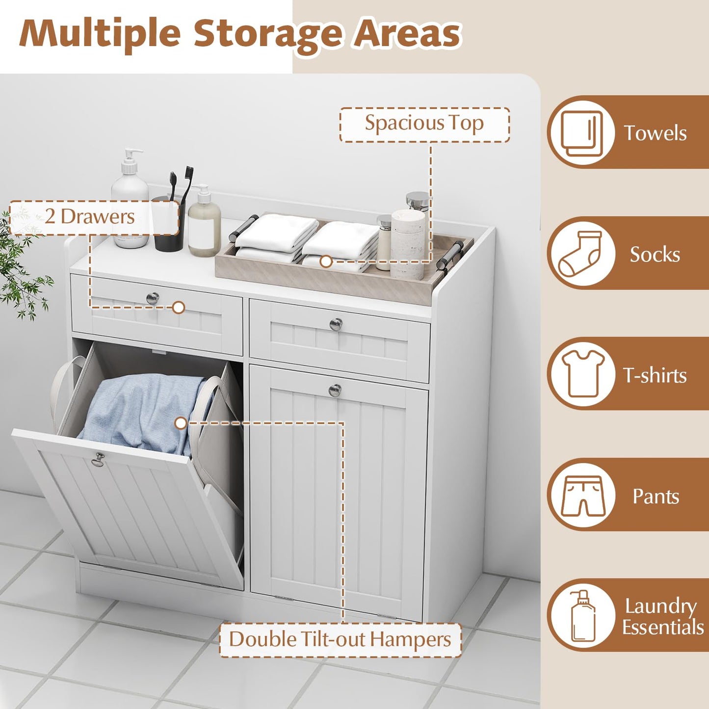 Tangkula Meuble de rangement double à bascule pour panier à linge, 80 cm de haut, pour salle de bain