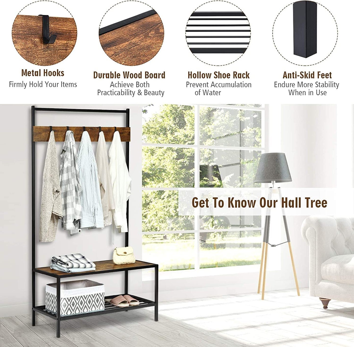 Tangkula 3 In 1 Entryway Hall Tree with Coat Rack & Shoe Storage