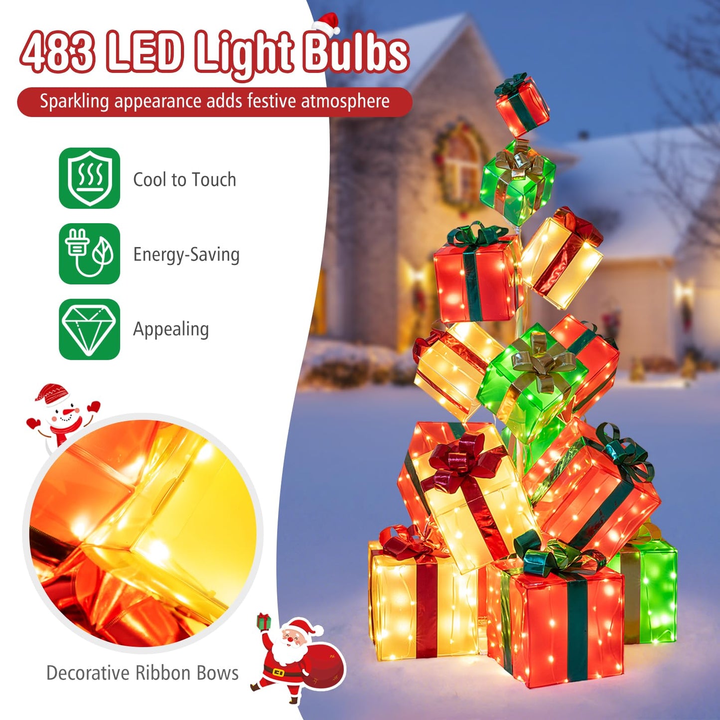 Tangkula Tour de cadeaux pré-éclairée de 1,70 m avec 15 boîtes de Noël lumineuses, nœud et 483 ampoules LED