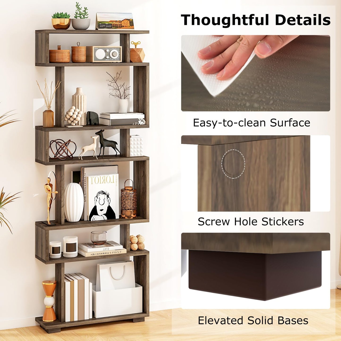 Tangkula 64" Tall 6-Tier S Shaped Bookcase with Anti-Tipping Kit