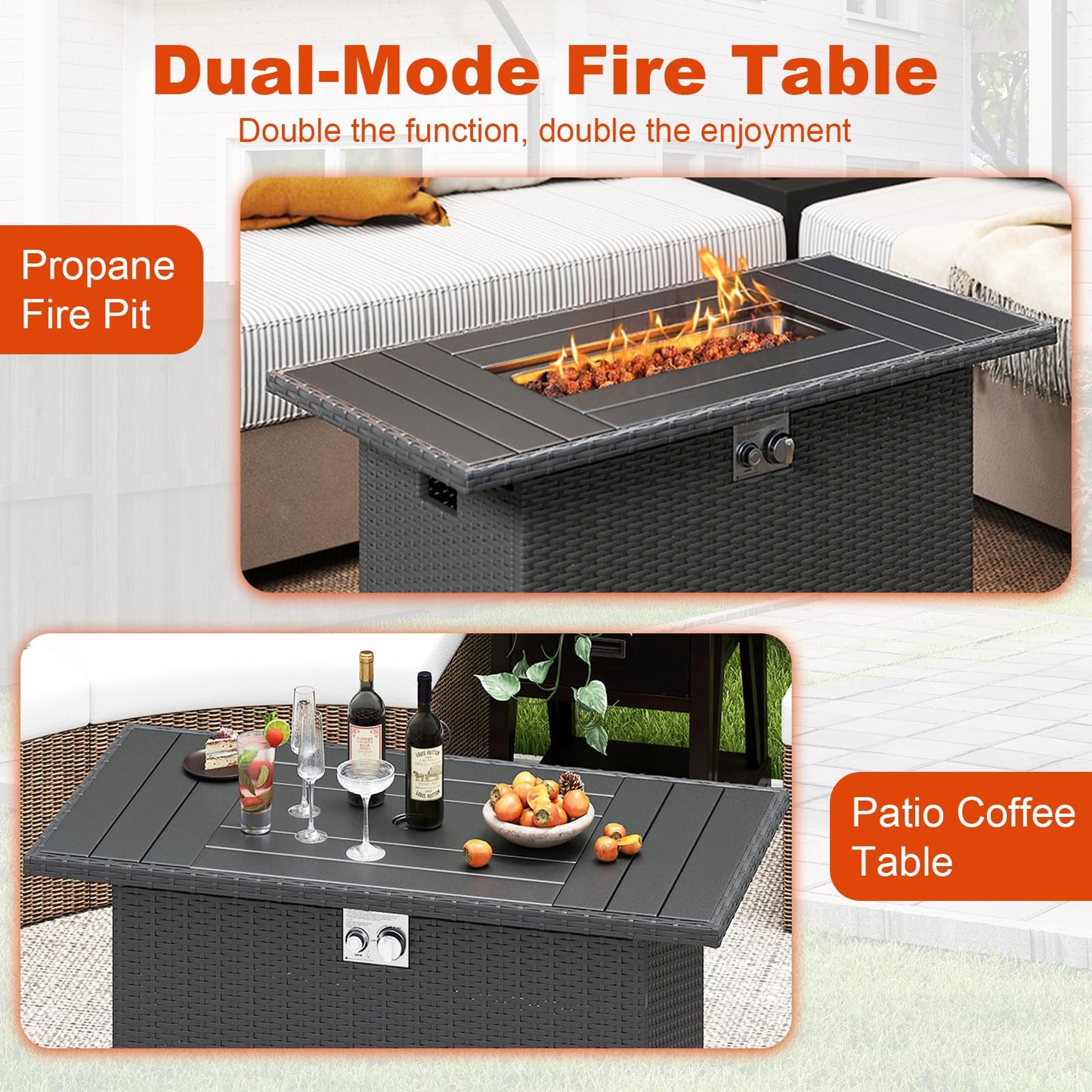 Tangkula 44.5 Inch Propane Fire Pit Table Rattan Gas 2-in-1 with Stainless Steel Burner