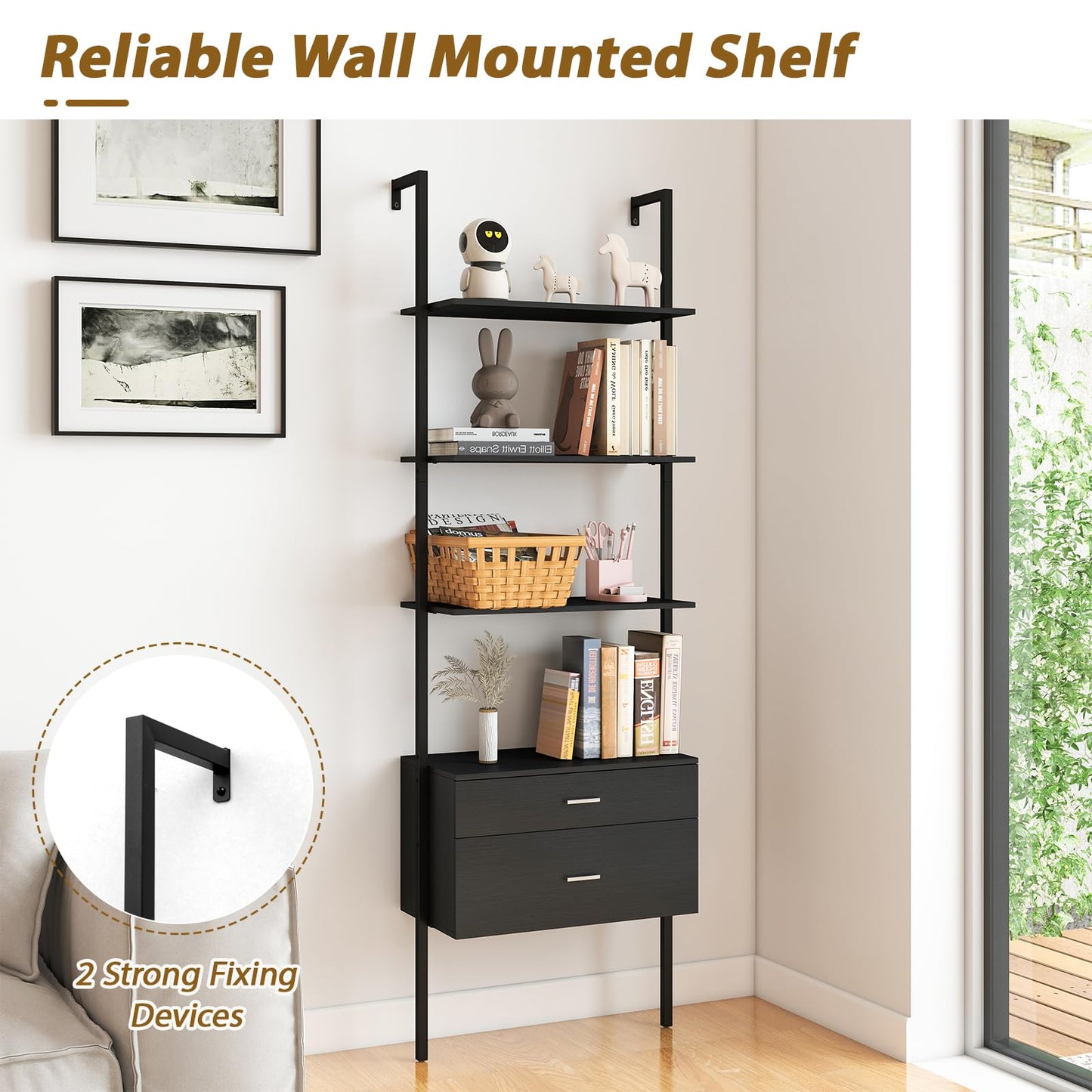 Tangkula Ladder Bookshelf with Storage Wall Mount Storage Bookcase(1/2)