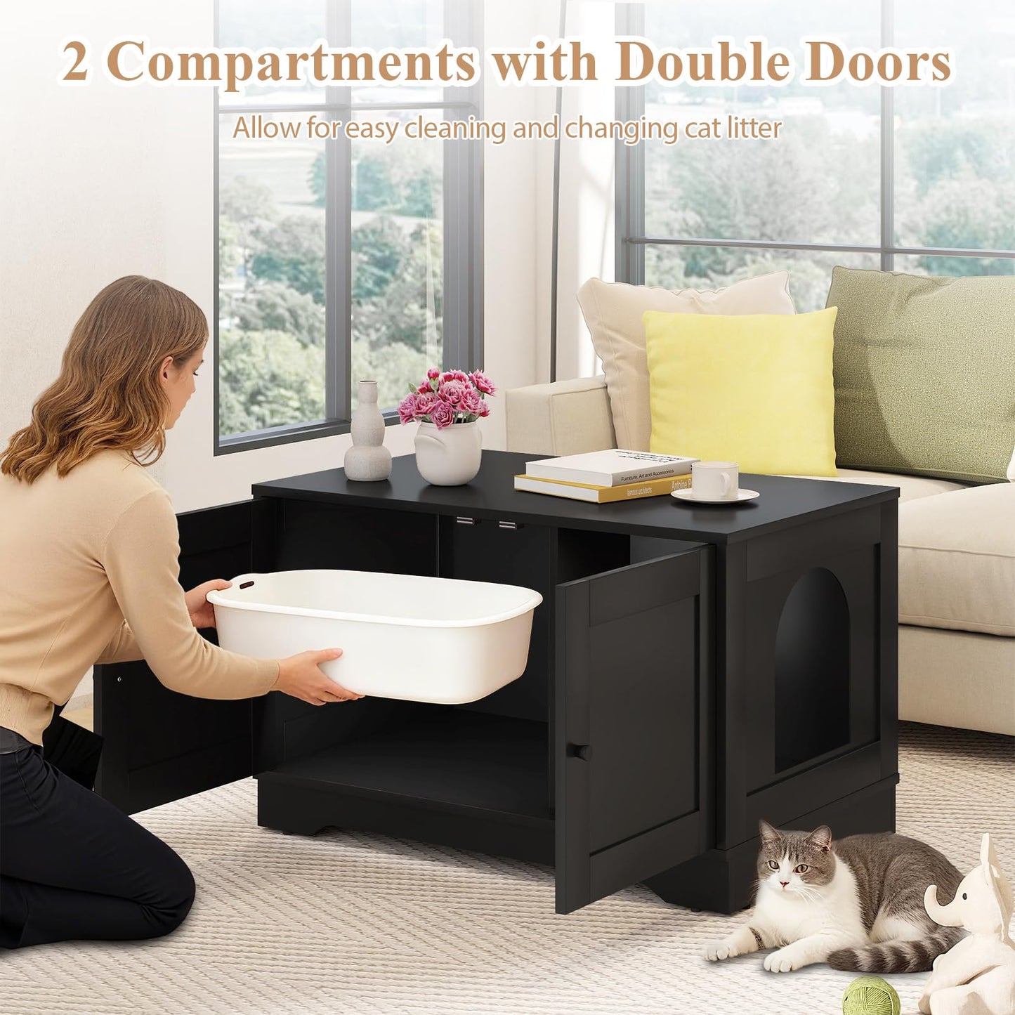Tangkula Cat Litter Box Enclosure w/Winding Entry & Cat Hole for Living Room