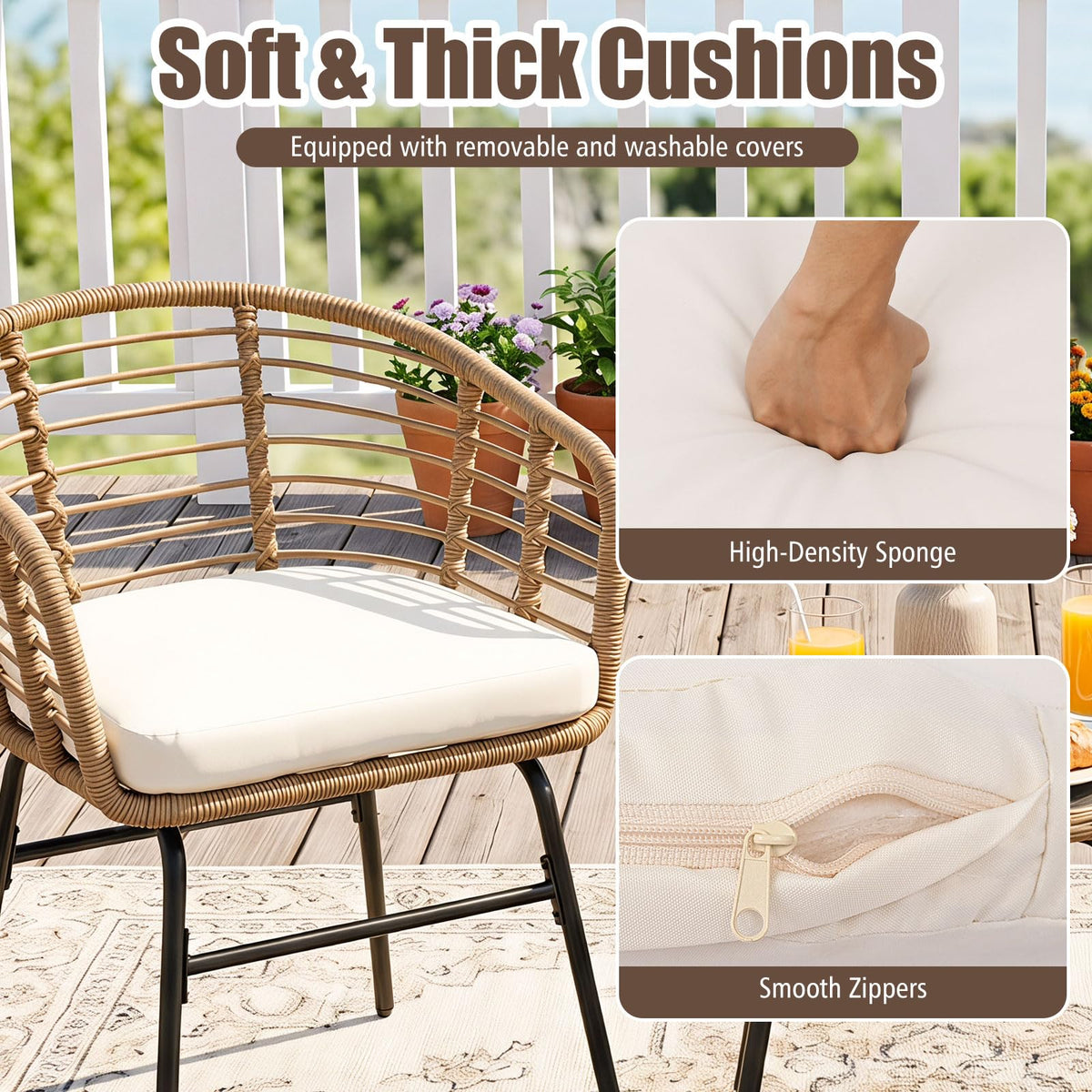 Tangkula 3 Pieces Patio Furniture Set with Tempered Glass Coffee Table and Soft Cushions