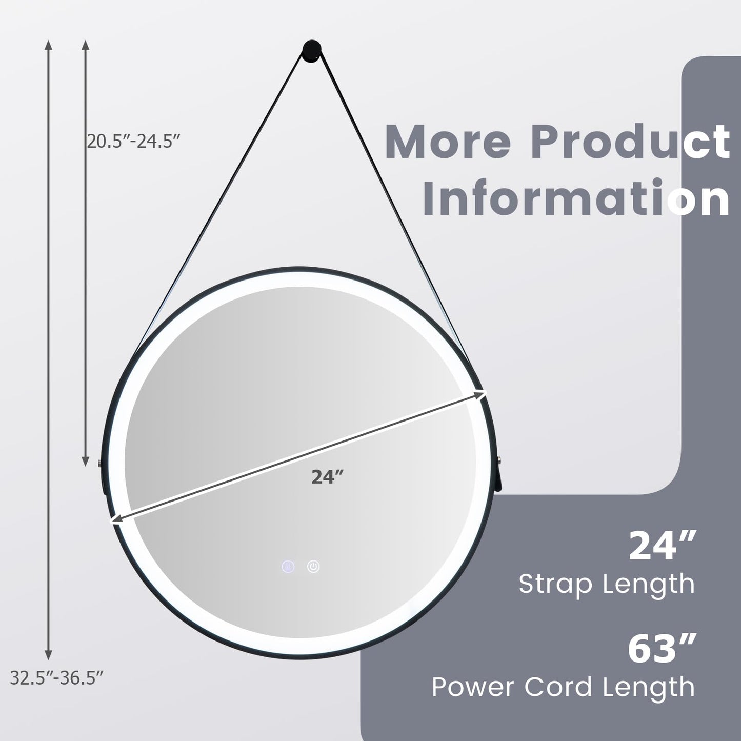 Tangkula 60CM Round LED Bathroom Mirror with Leather Strap