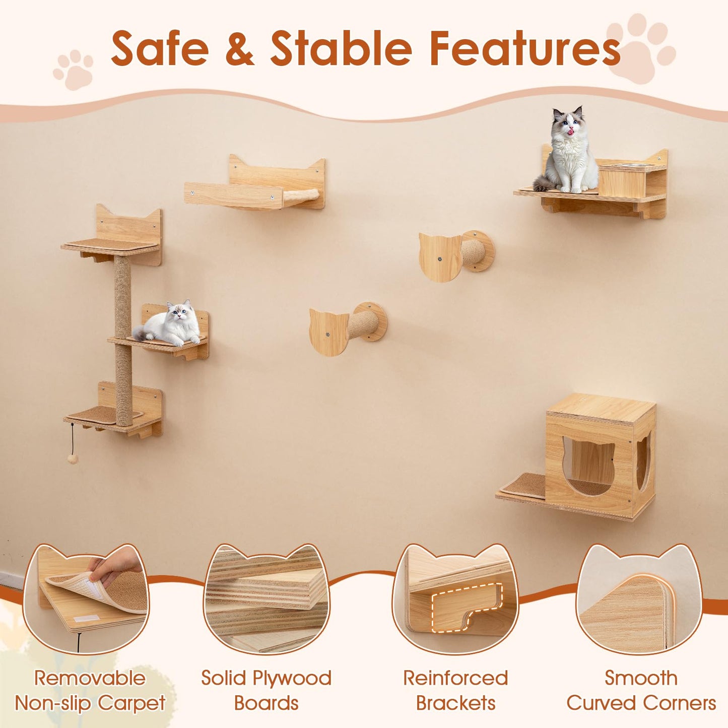 Tangkula Cat Wall Shelves 6 Pieces Wooden Wall Mounted Kitten Furniture Set