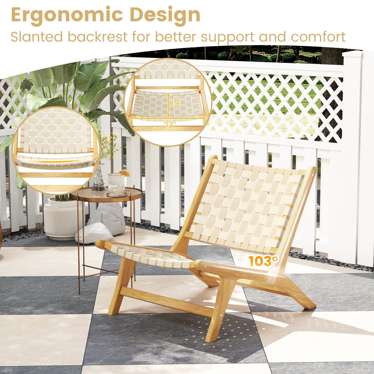 Chaise de patio Tangkula en bois de teck sans accoudoirs avec assise et dossier en sangle