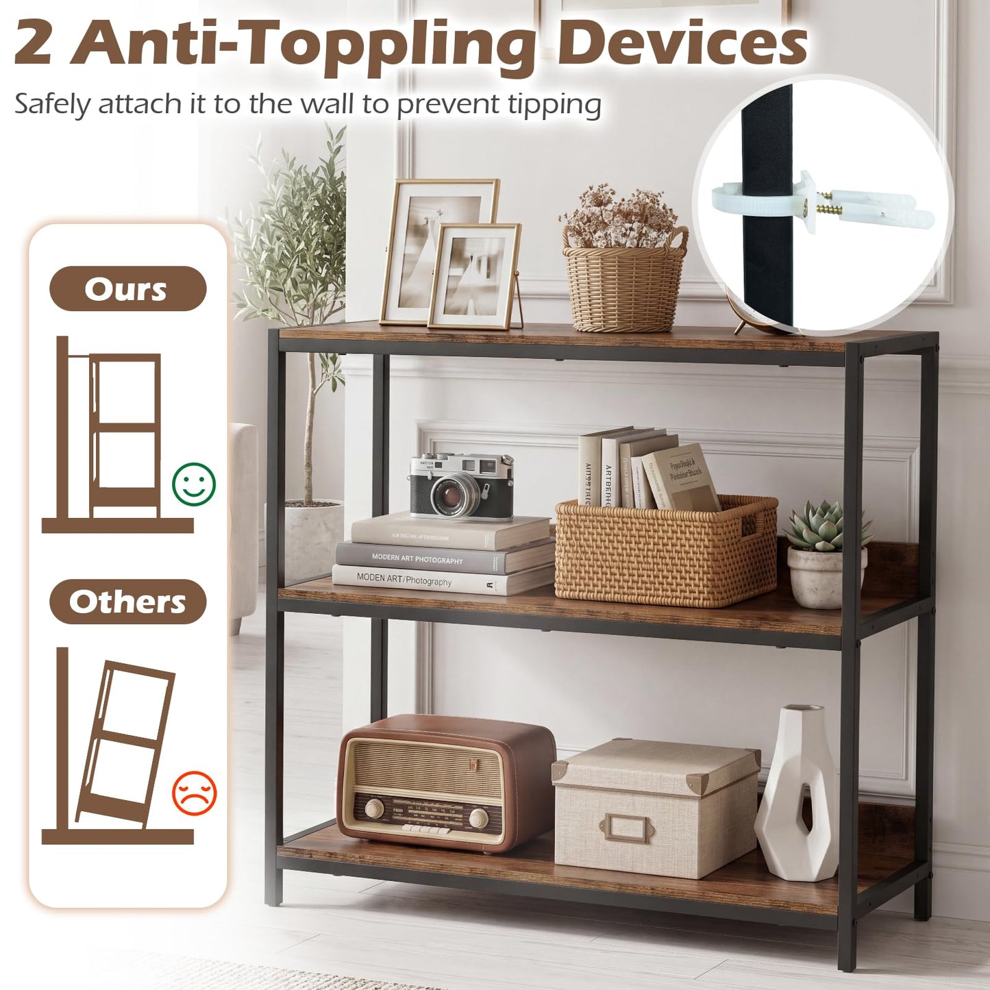 Tangkula 3-Tier Bookshelf with Wooden Shelves and Metal Frame