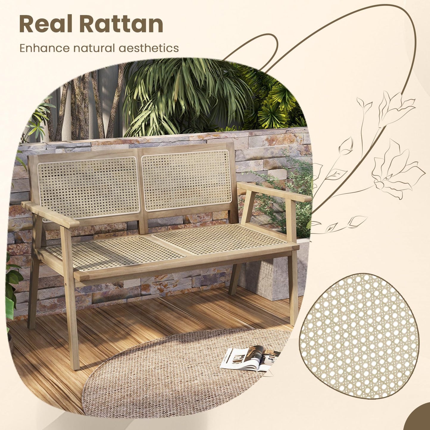 Tangkula Outdoor Teak Wood Garden Bench, 2-Person Patio Bench