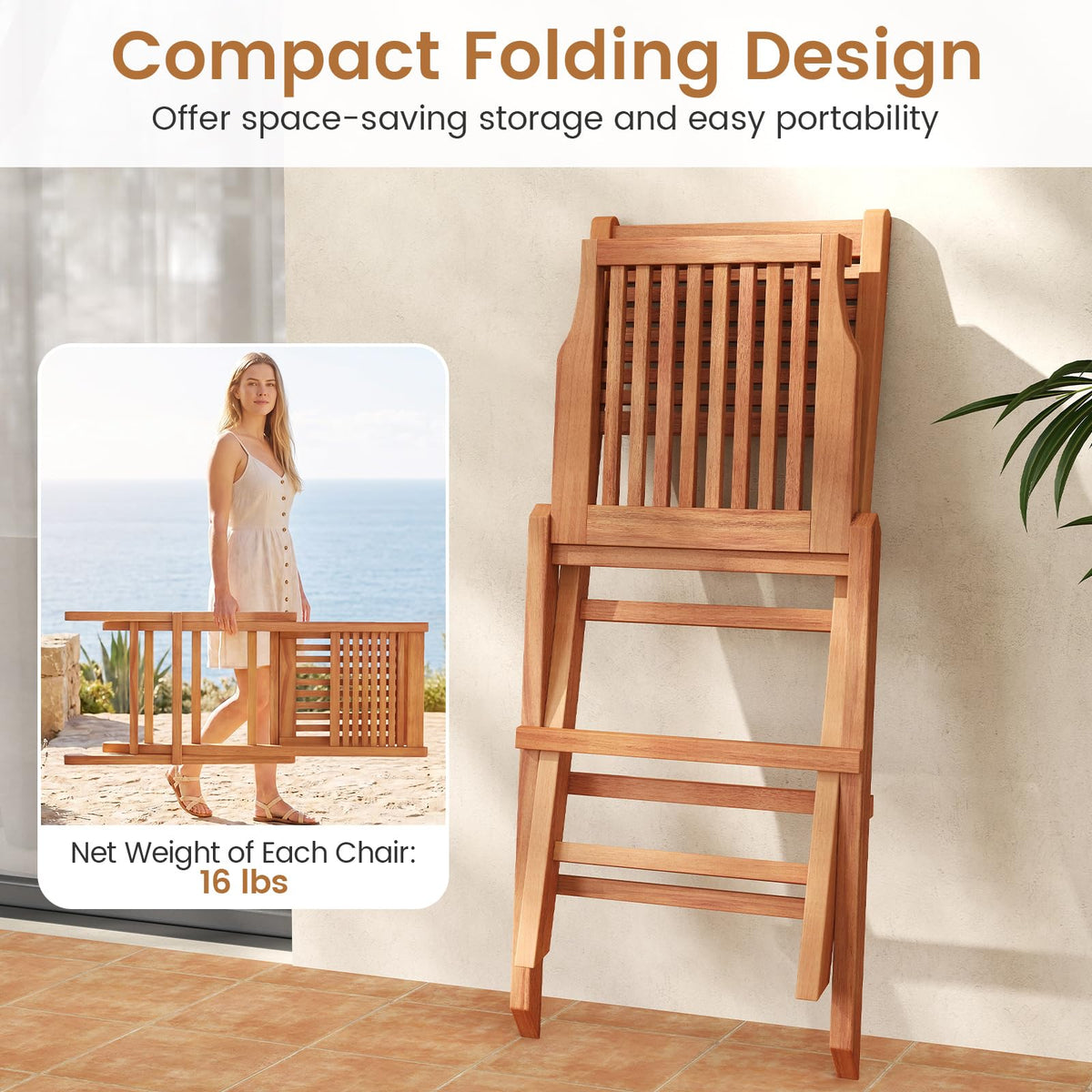 Tangkula Teak Wood Folding Patio Chairs Set of 2/4 ( Slatted Back )