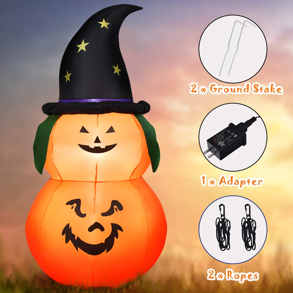 Tangkula 5 Ft Halloween Inflatable Pumpkin with Witch Hat