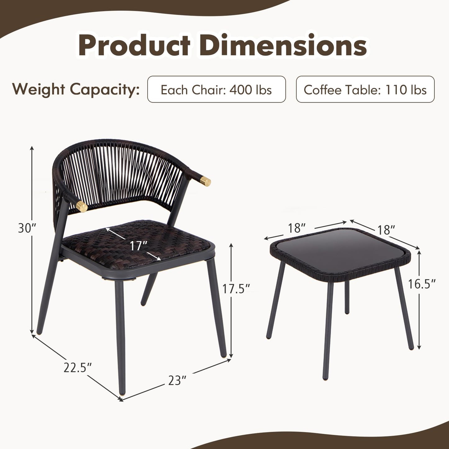 Tangkula 3 Piece Patio Rattan Furniture Set, Patiojoy Quick Dry Foam Padded Chairs w/Tempered Glass Tabletop