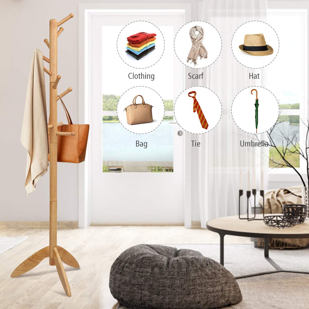 Tangkula Wood Tree Coat Rack with 11 Hooks & Stable Tri-Legged Base