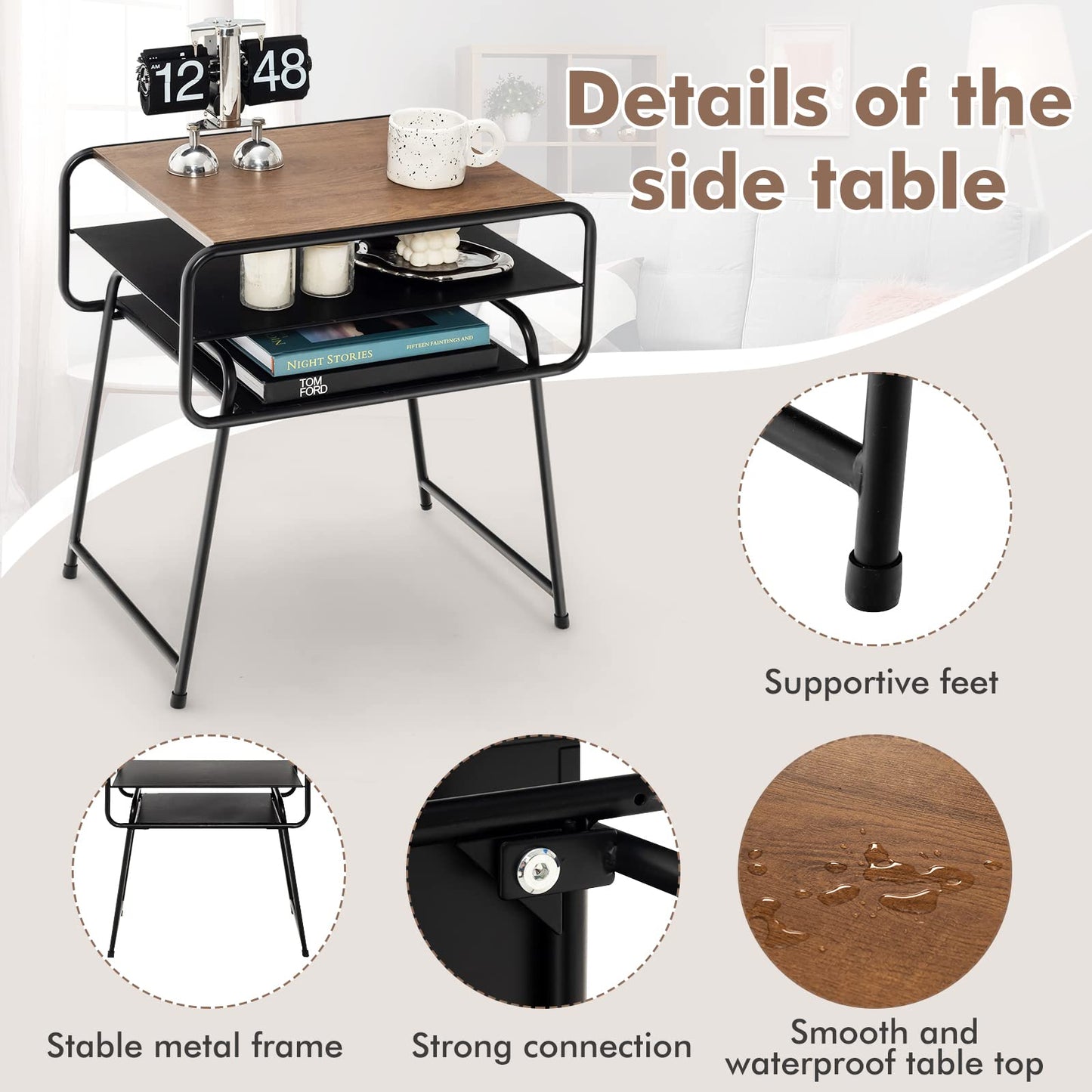 Tangkula Table d'appoint à 3 niveaux avec étagère de rangement