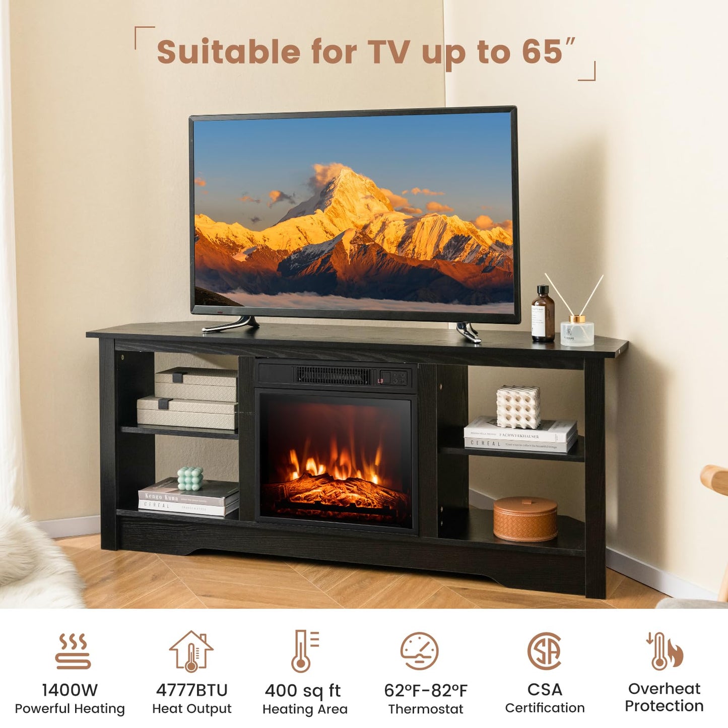 Tangkula 58” Fireplace TV Stand Home Entertainment Center with 18” 1400W Electric Fireplace