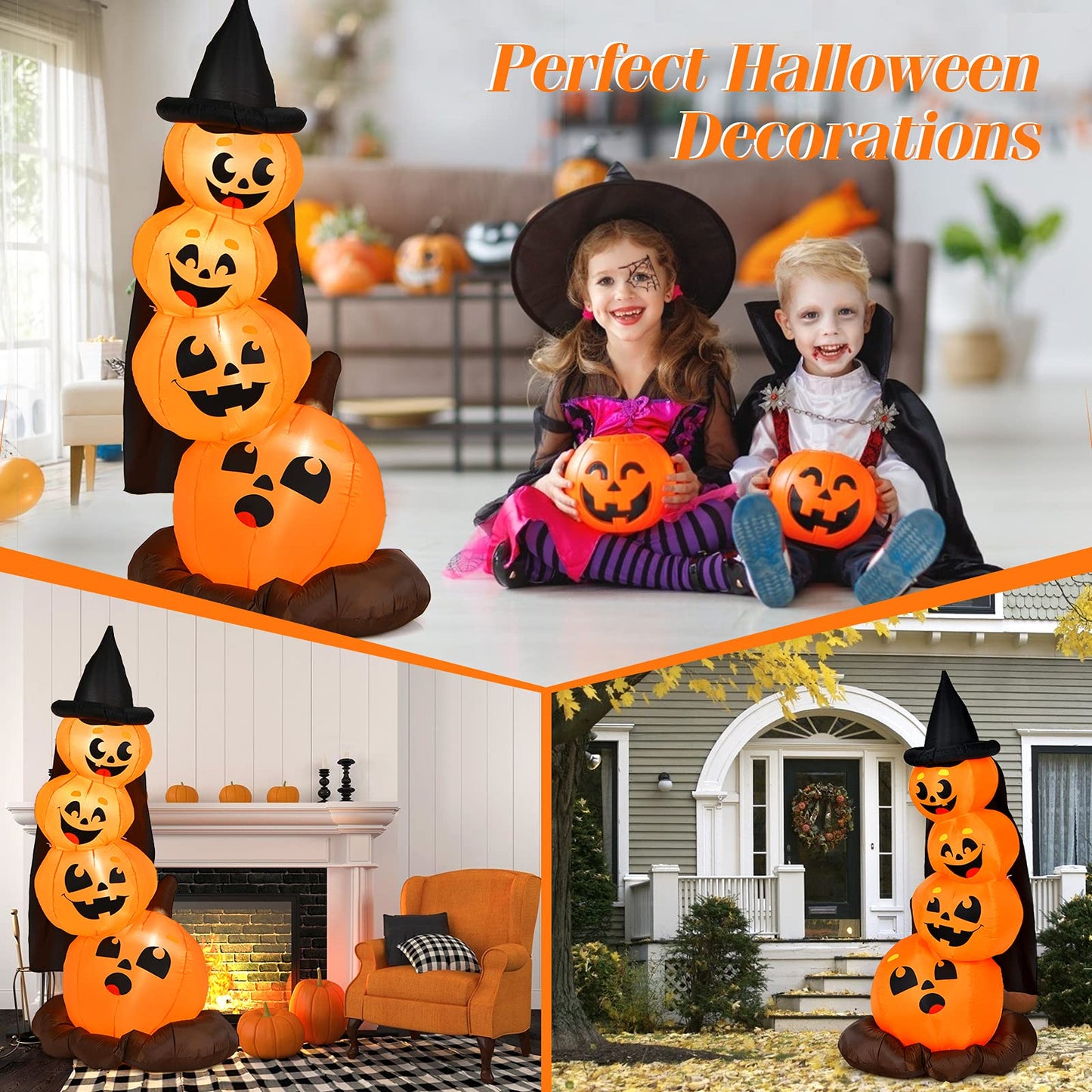 7 Ft Halloween Inflatable Stacked Pumpkins with Build-in LED Lights & Blower