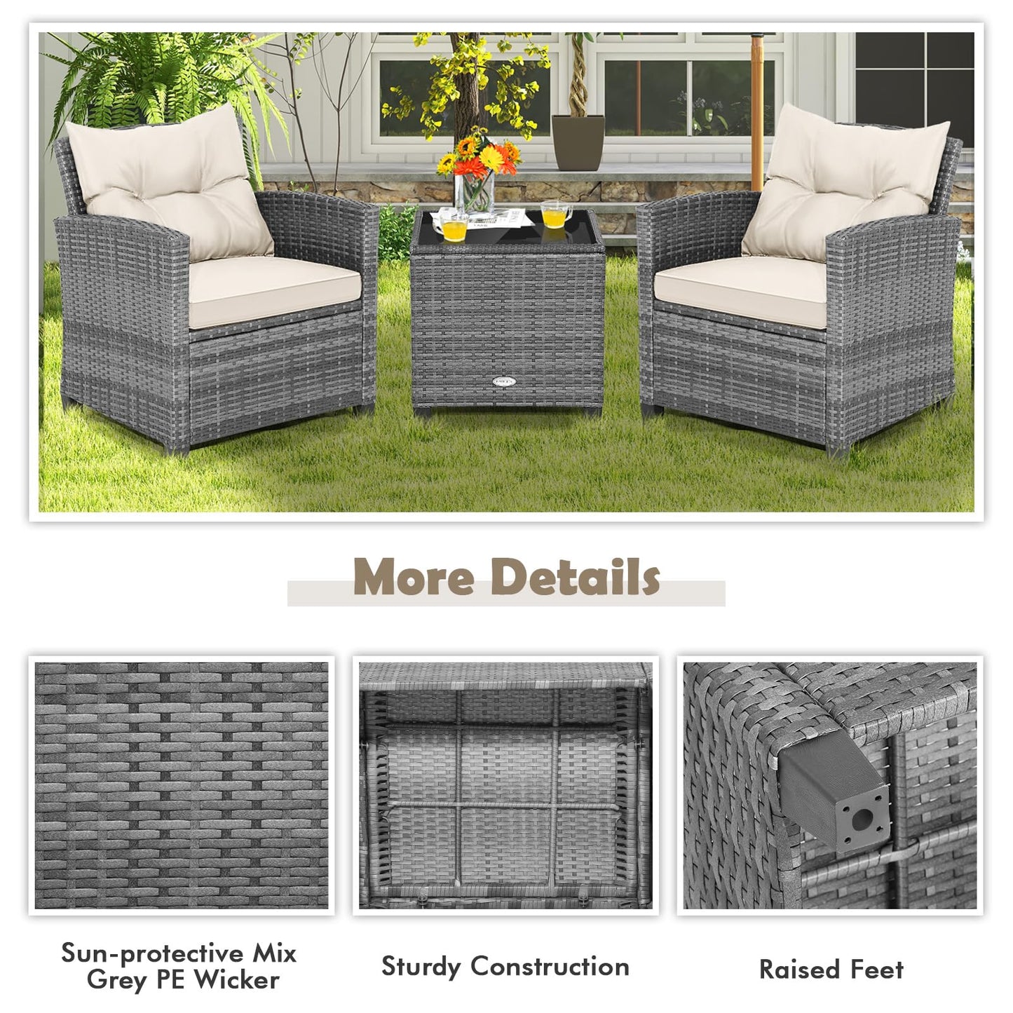 Tangkula PE Rattan Wicker 3 Pcs Outdoor Sofa Set w/Washable Cushion and Tempered Glass Tabletop
