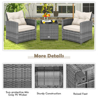 Tangkula PE Rattan Wicker 3 Pcs Outdoor Sofa Set w/Washable Cushion and Tempered Glass Tabletop