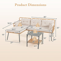 Tangkula 3 Pieces Corner Patio Furniture Set, PE Rattan L-Shaped Cushioned Sofa Set with Small Coffee Table