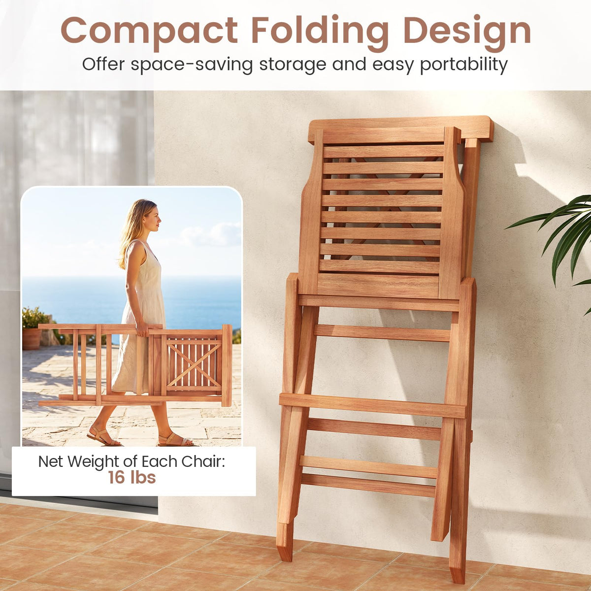 Tangkula Teak Wood Folding Patio Chairs Set of 2/4 (X-Shaped Back）