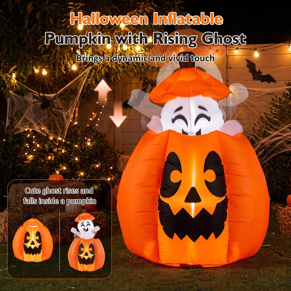 Tangkula 5 FT Halloween Lighted Inflatable Pumpkin with Animated Ghost