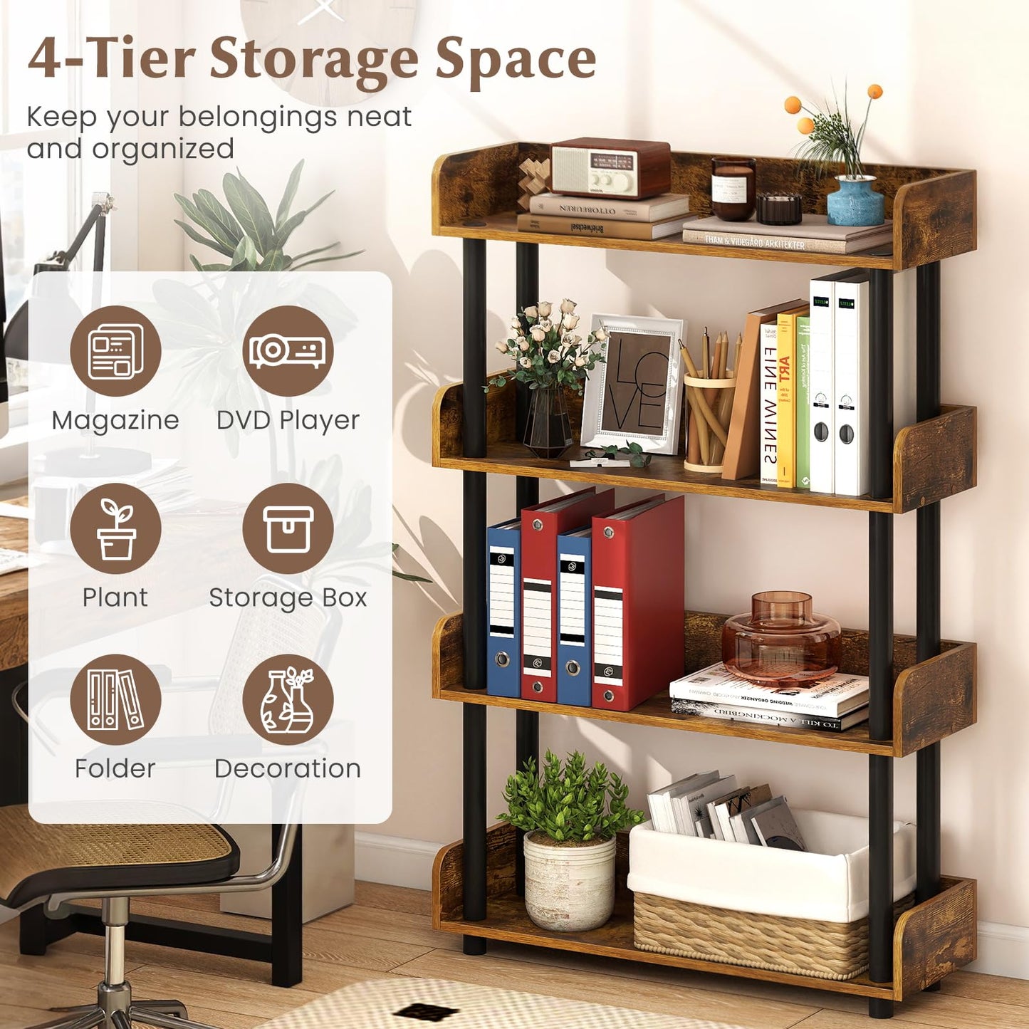 Tangkula 4-Tier Bookshelf Multipurpose Wood Standing Display Rack(1/2)