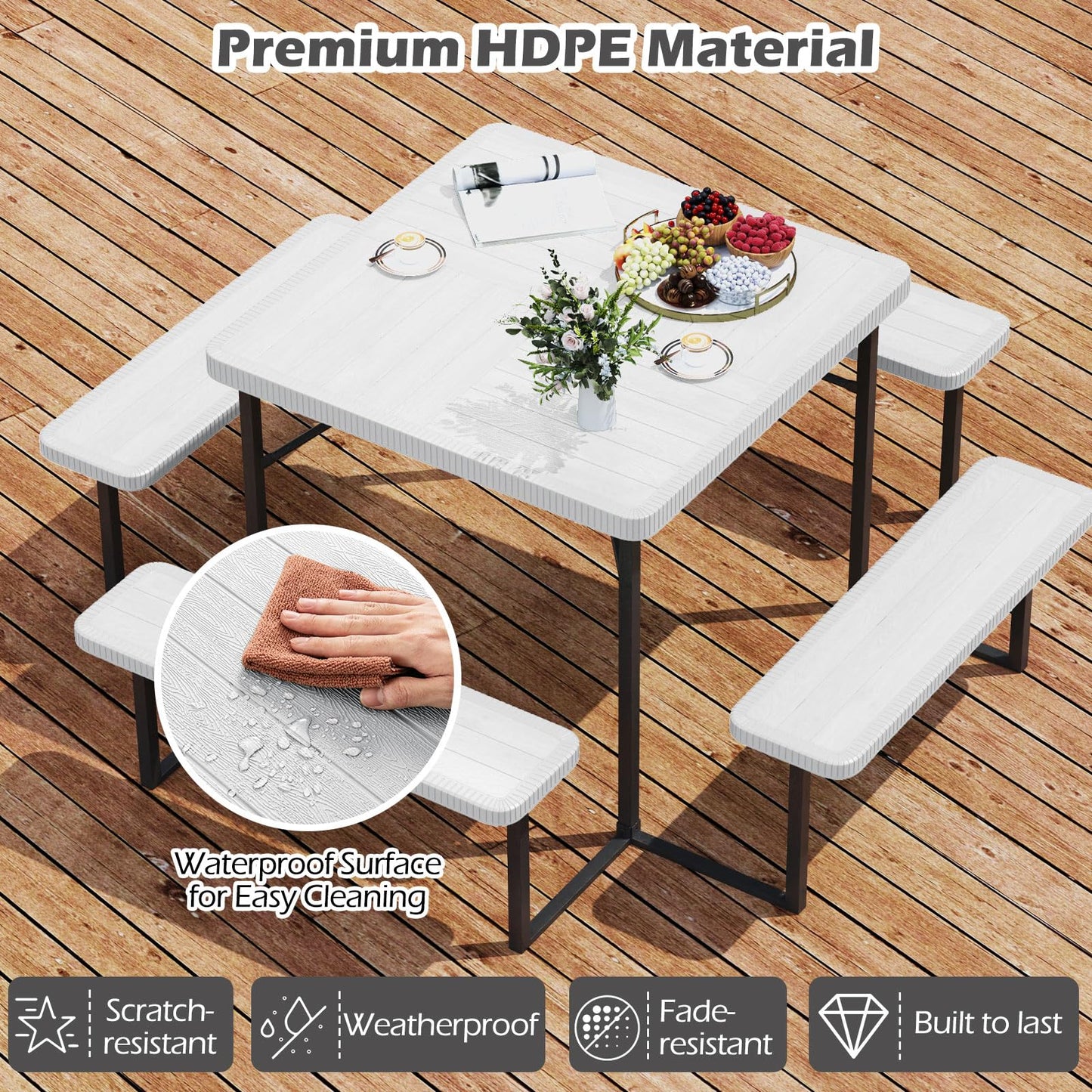 Tangkula 8 Person Picnic Table HDPE Outdoor Square Table and Bench Set