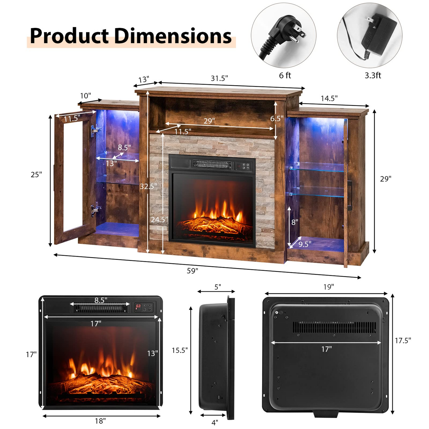 Tangkula Electric Fireplace TV Stand, Electric Fireplace Mantel with 16-Color Led Lights