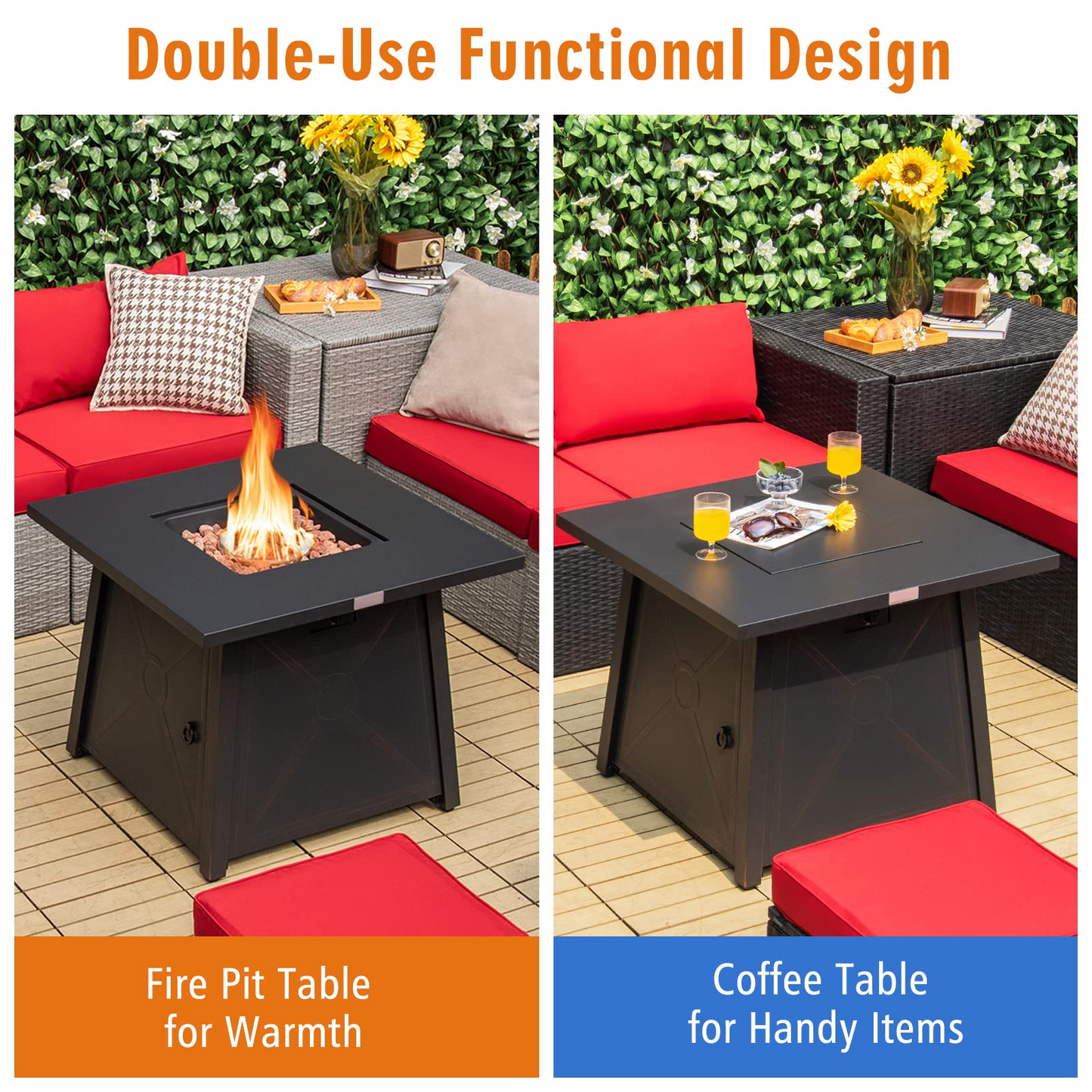 Tangkula 30 Inch Propane Gas Fire Table, Patiojoy 50,000 BTU Outdoor Square Fire Pit Table with Stainless Steel Burner