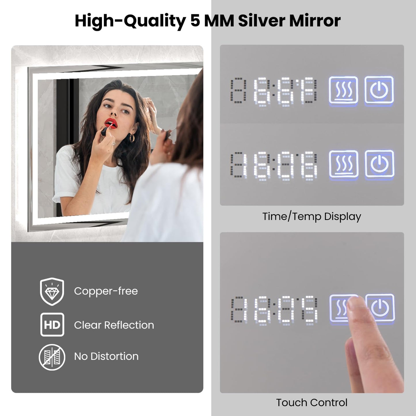 Tangkula LED Bathroom Mirror, Wall Mounted Rectangle Mirror w/ 3-Color Dimmable Lights, Time/Temp Display, Anti-Fog