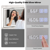 Tangkula LED Bathroom Mirror, Wall Mounted Rectangle Mirror w/ 3-Color Dimmable Lights, Time/Temp Display, Anti-Fog