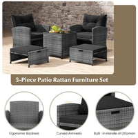 Tangkula 5 Piece Patio Rattan Furniture, Wicker Cushioned Chairs Set w/ 2 Ottomans & Tempered Glass Coffee Table