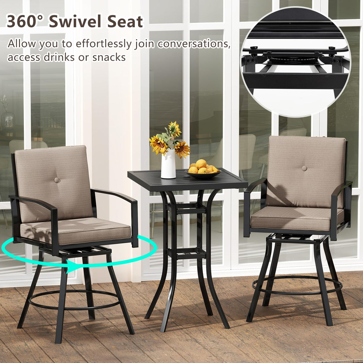 Tangkula 3 Pieces Patio Swivel Bar Set Outdoor Metal Bar Table and Chairs Set