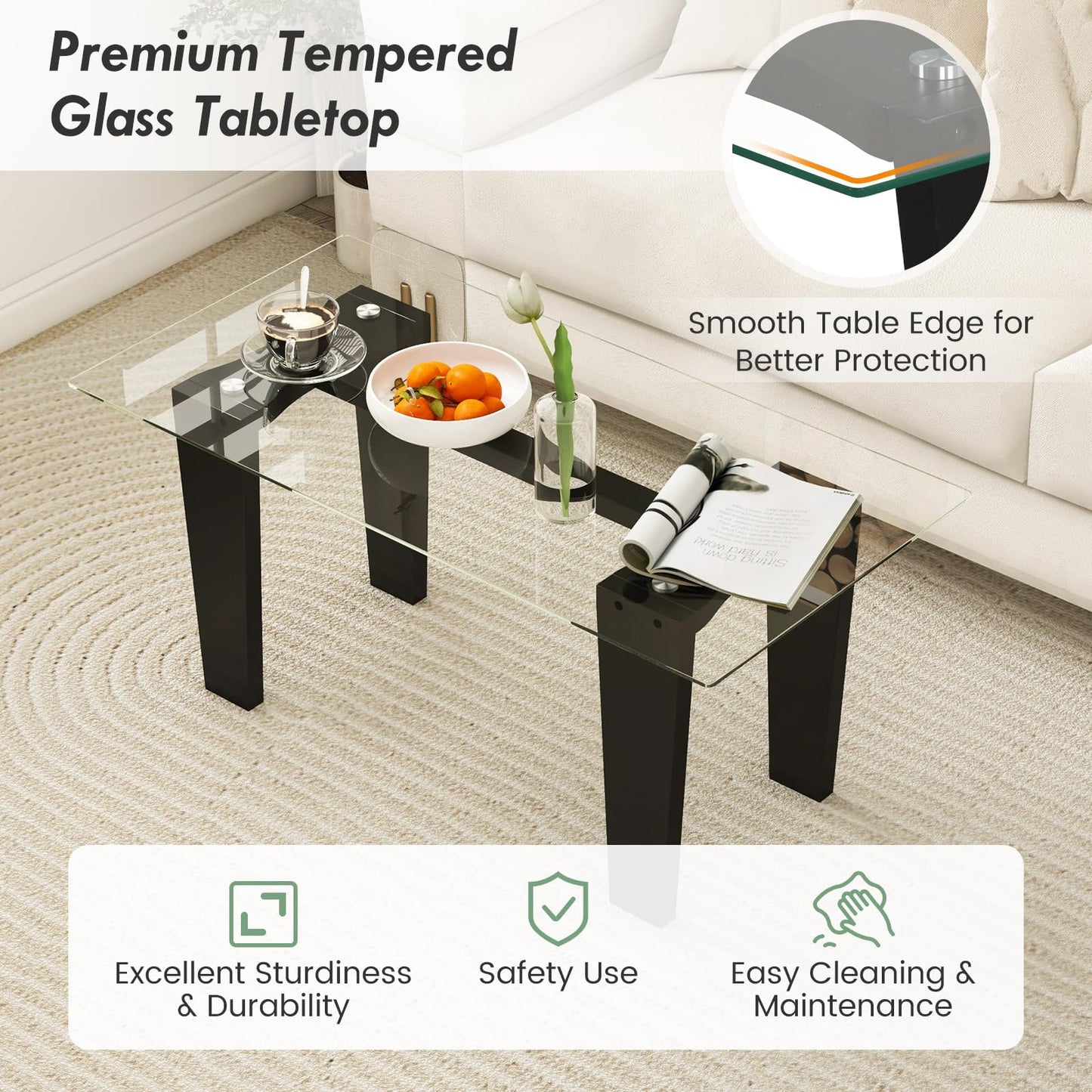 Tangkula Glass Coffee Table, 39.5 Inch Modern Rectangular Center Table with Solid Rubber Wood Leg(Rectangular, Black)