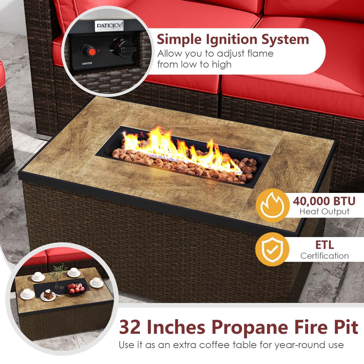 Tangkula 7 Pieces Outdoor Sectional Sofa Set Set with 32” Fire Pit Table and Propane Tank Cover