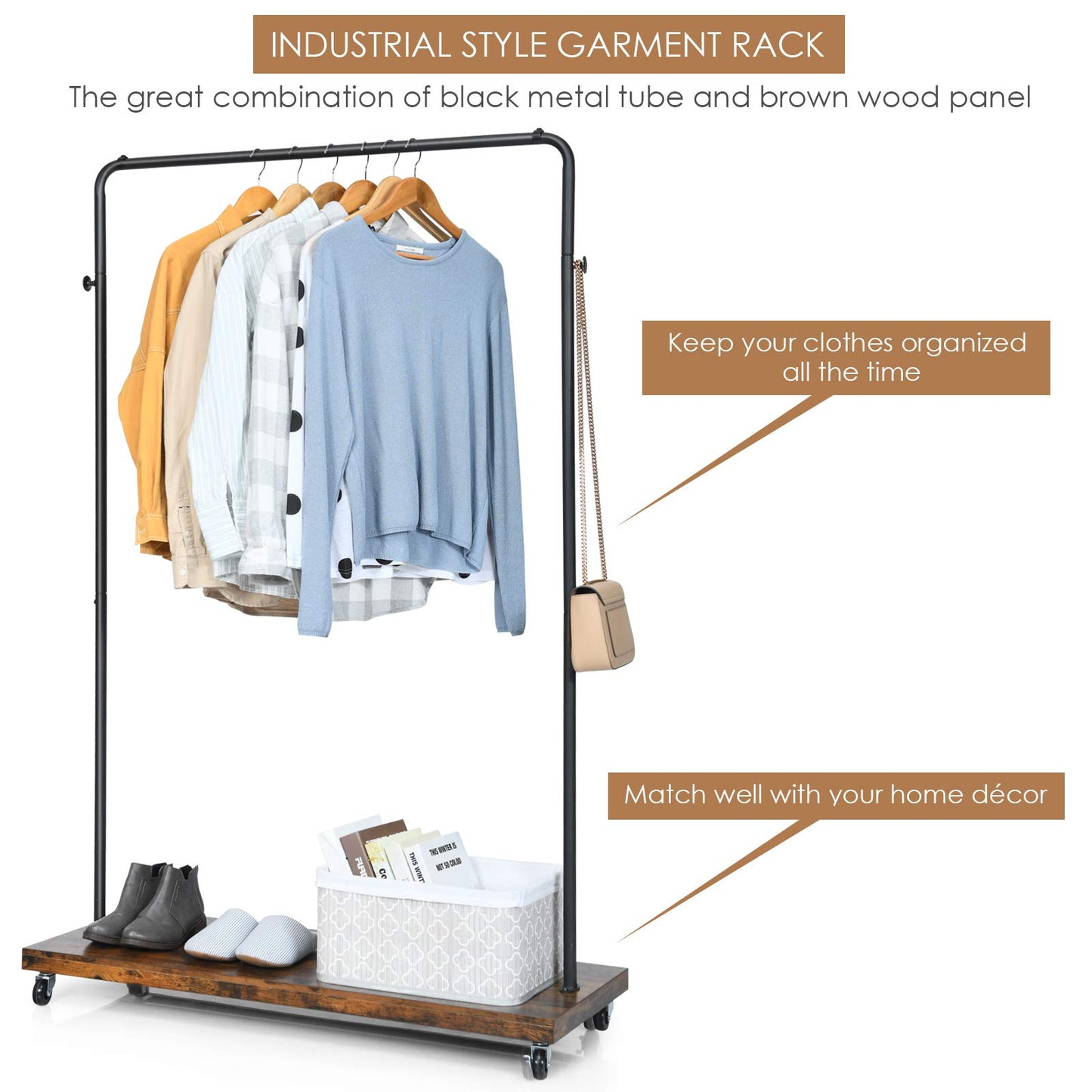 Tangkula Industrial Pipe Style Rolling Garment Rack Clothes Rack with Wood Shelf