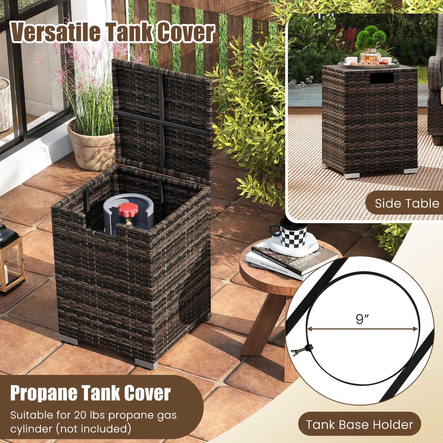 Tangkula 2-Piece Outdoor Rattan Fire Table Set 32 Inch Rectangle Gas Firepit with Tank Cover
