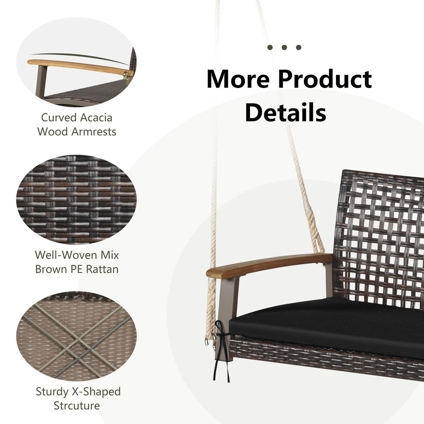 Tangkula 2 Person PE Wicker Porch Swing Bench, 800 LBS Weight Capacity