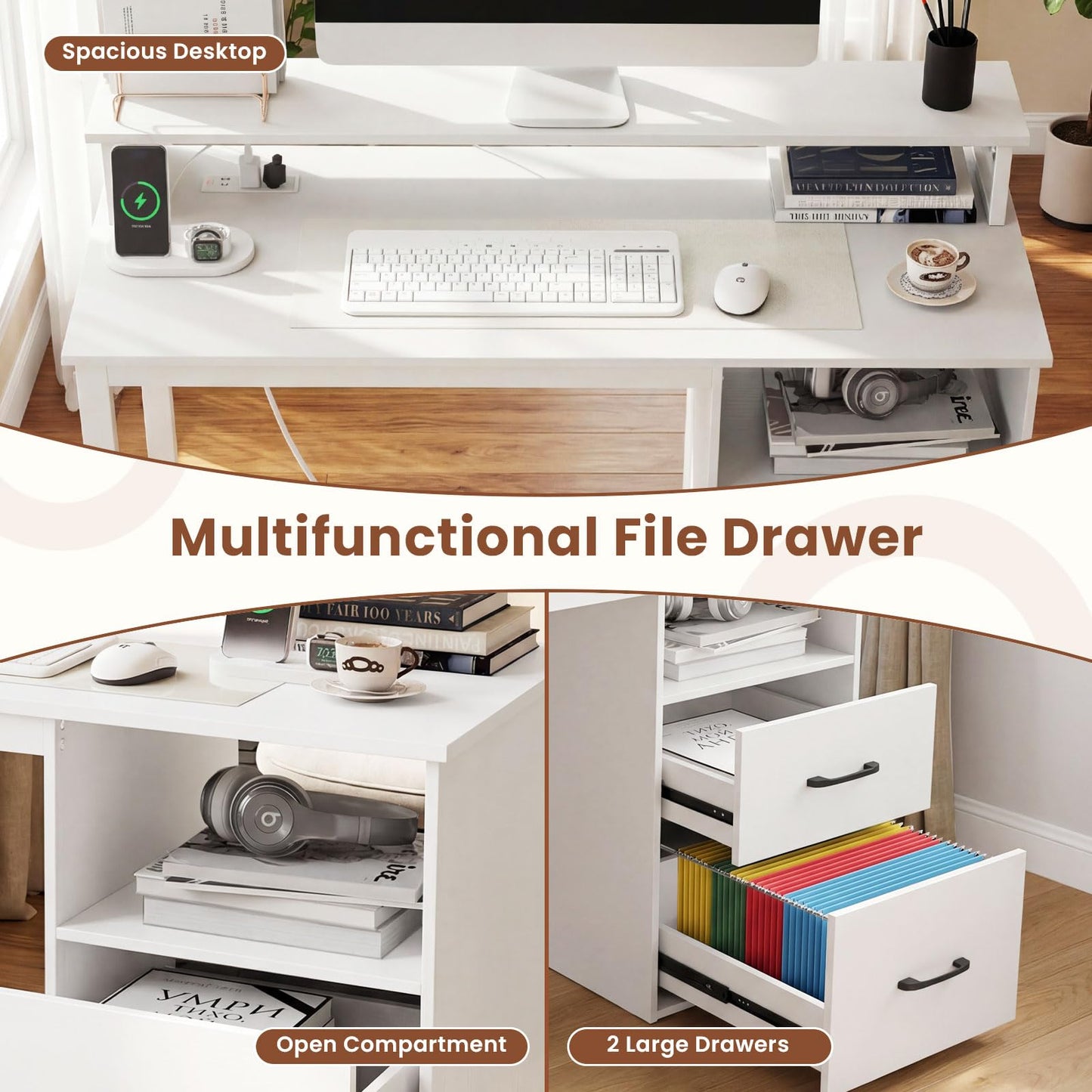 Tangkula White Desk with 2 Storage Drawers & Power Outlets