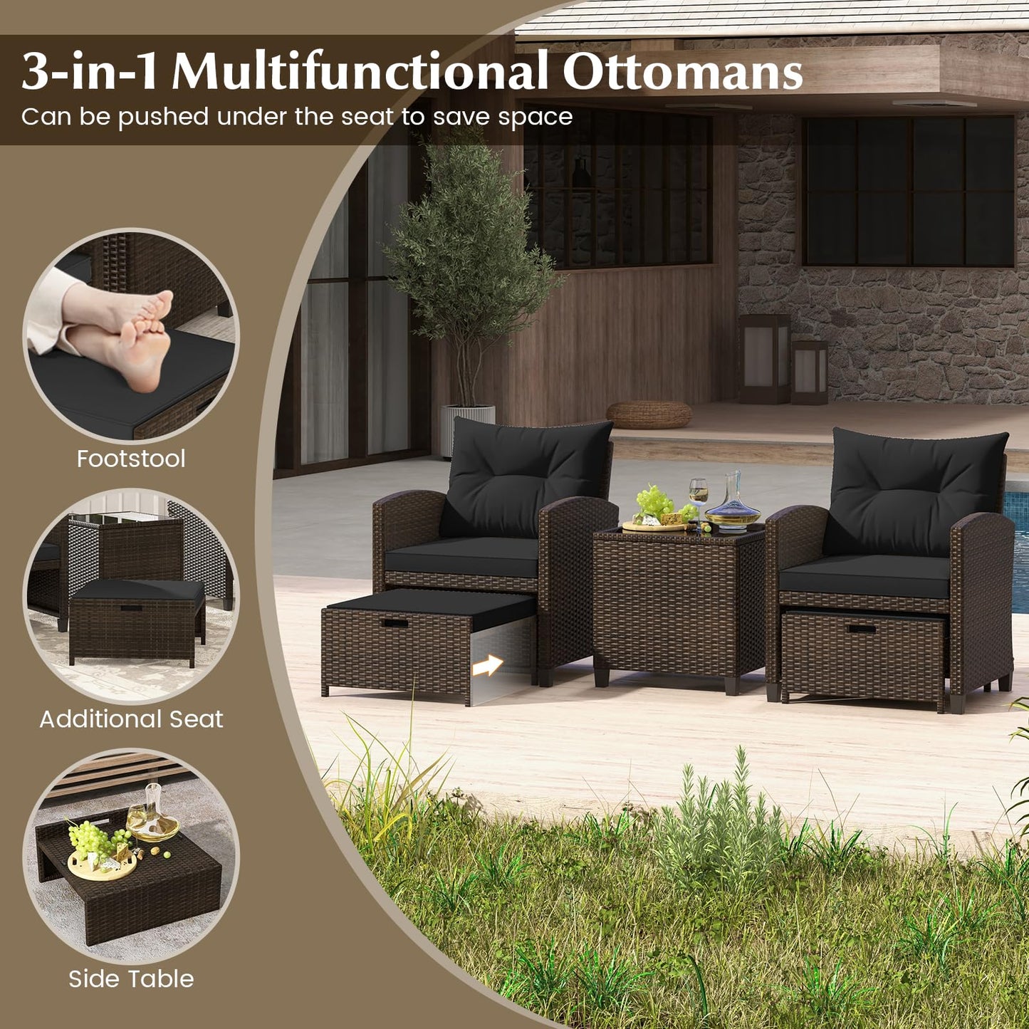 Tangkula 5 Piece Patio Rattan Furniture, Wicker Cushioned Chairs Set w/ 2 Ottomans & Tempered Glass Coffee Table