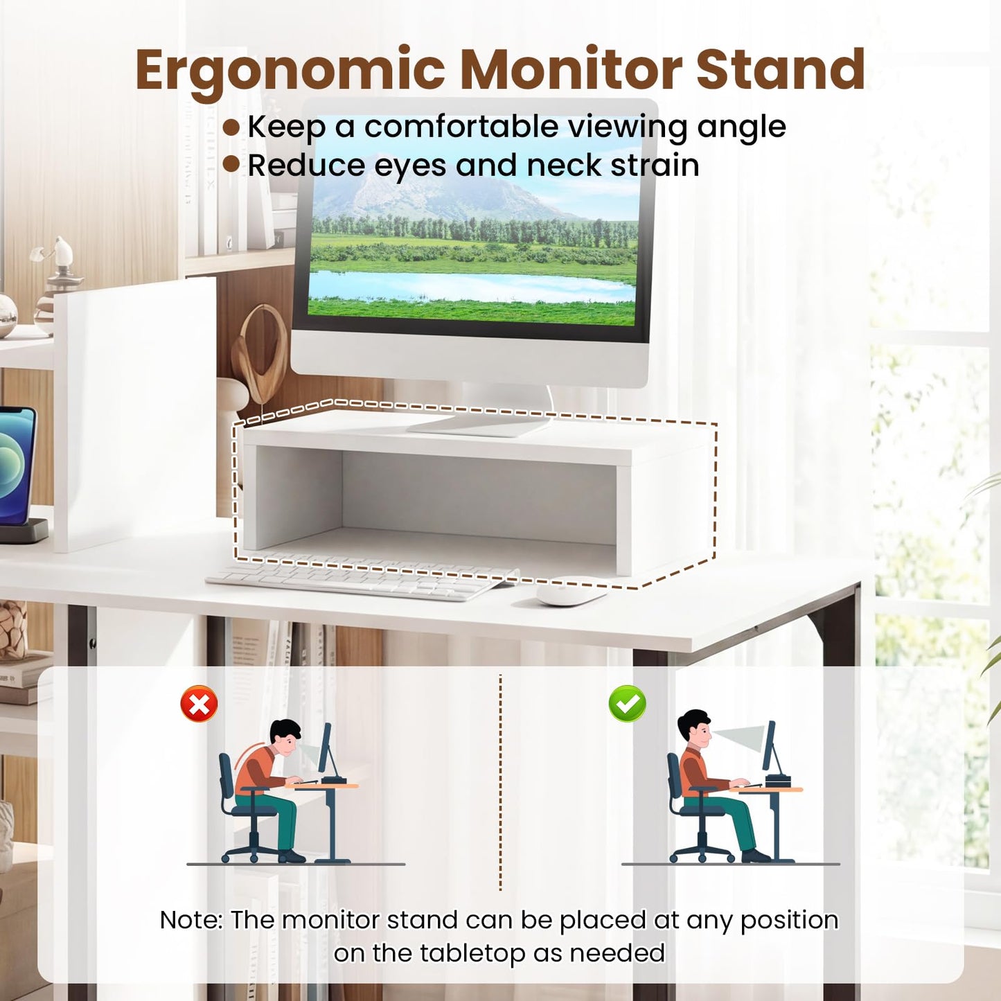 Tangkula 43.5" Computer Desk with Charging Station Ergonomic Monitor Stand & Storage Shelves