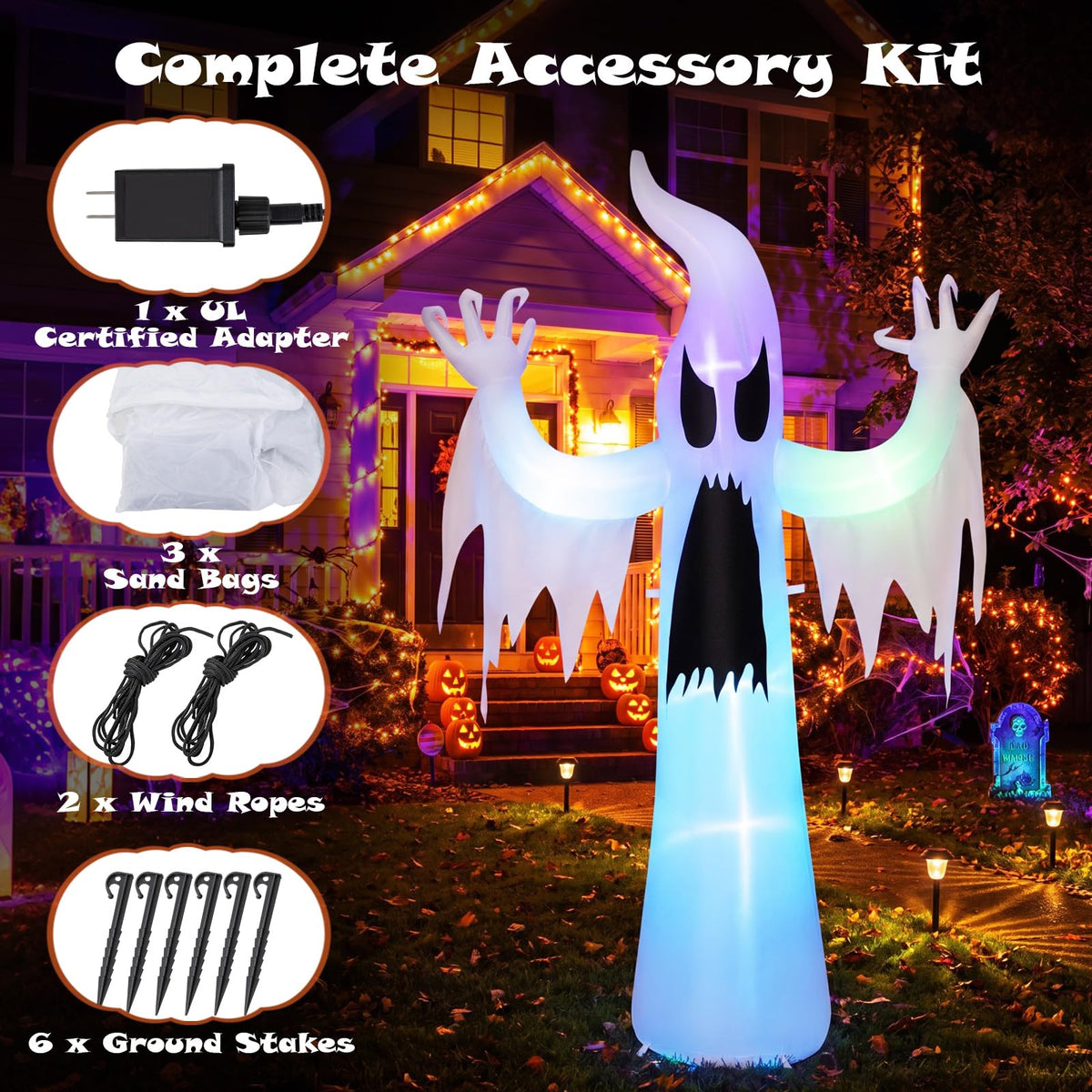 Tangkula 7.7 FT Halloween Inflatable Ghost with Built-in RGB LED Lights
