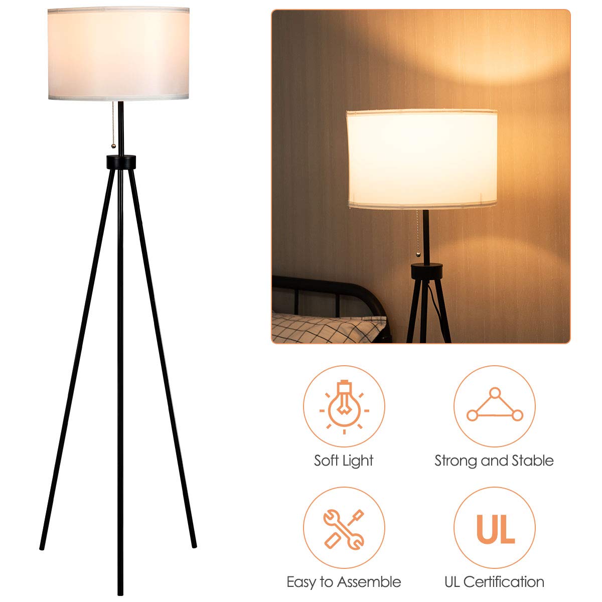 Tangkula 60.5" Metal Tripod Floor Lamp, Contemporary Minimalist Standing Floor Light with Iron Legs