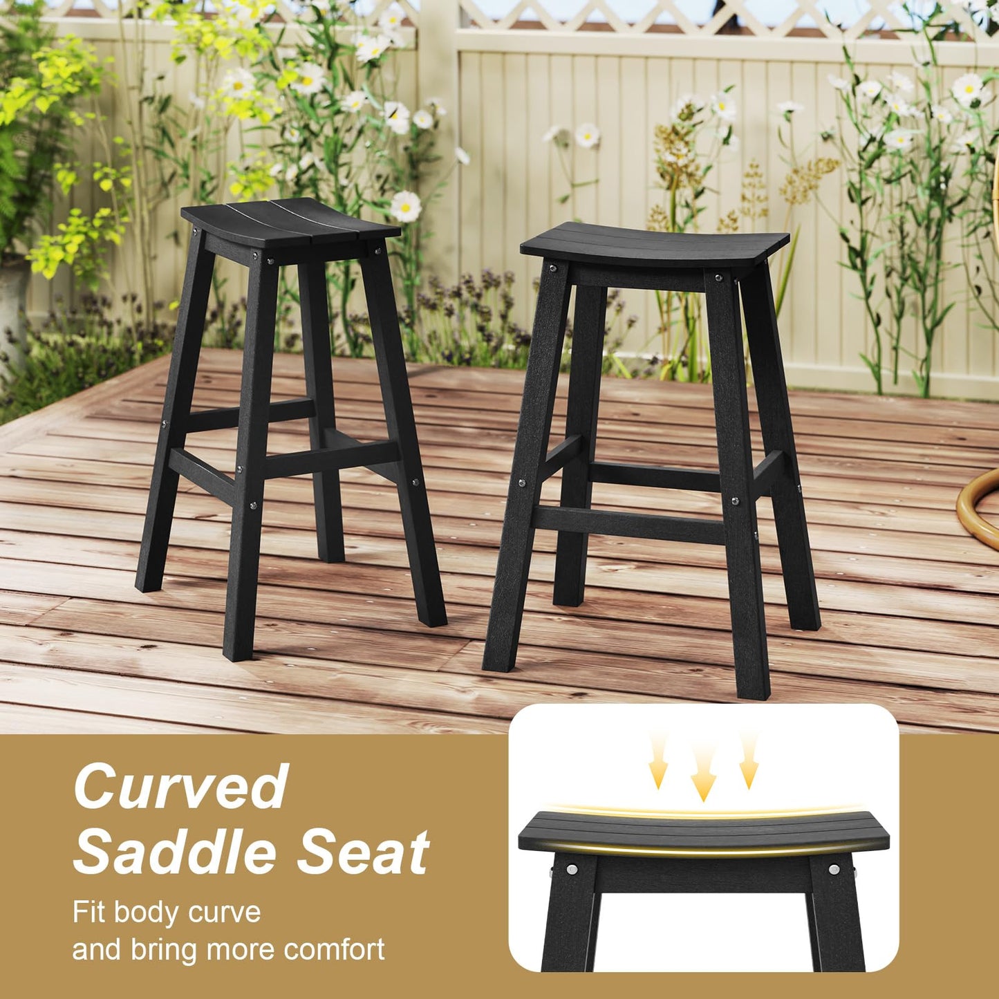 Tangkula Patio Bar Stools Set 29 Inch HDPE Bar Height Armless Saddle Stools with Curved Seat & Footrests