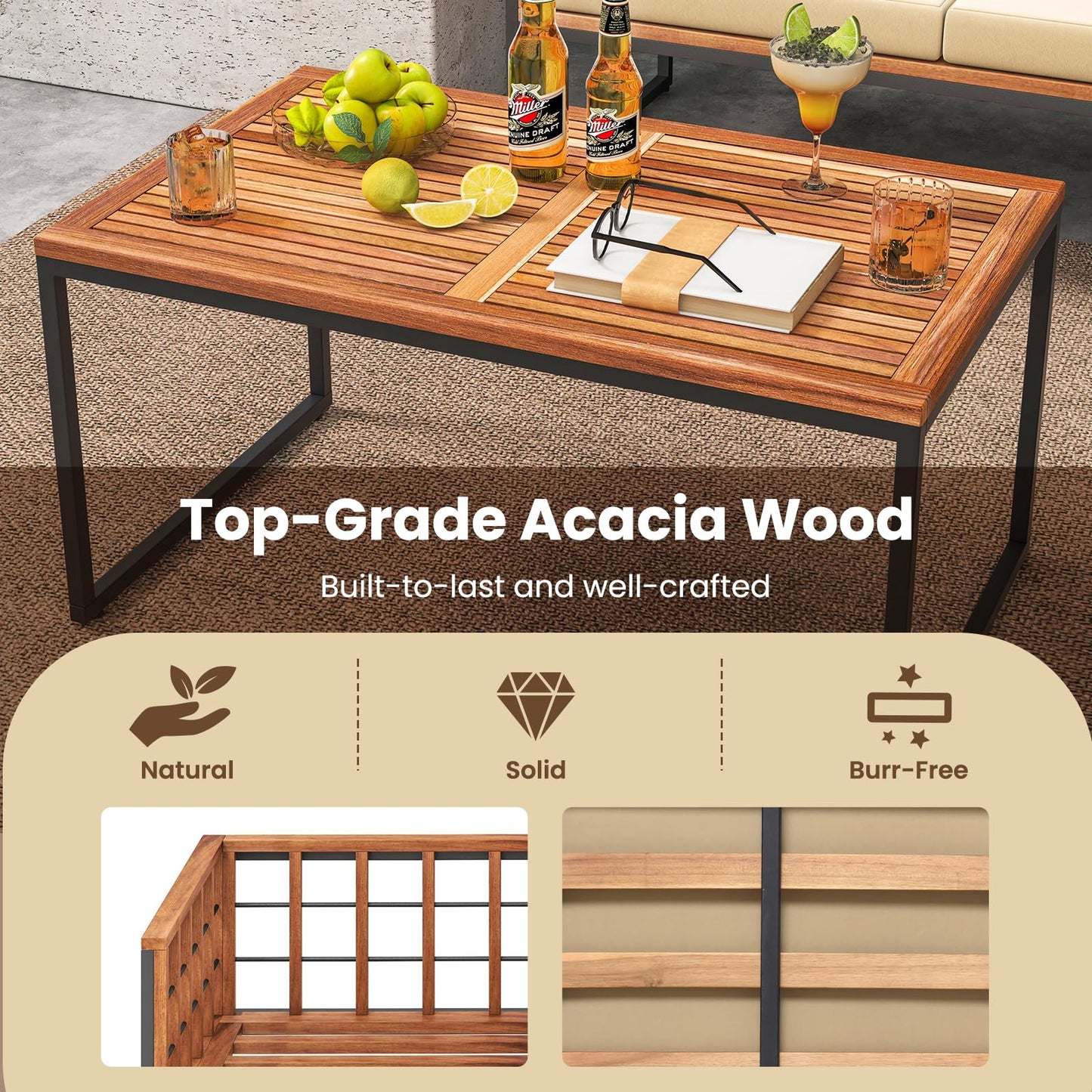 Tangkula Acacia Wood Outdoor Sofa Set, 4 Pieces Outdoor Furniture Set with Heavy Duty Metal Frame