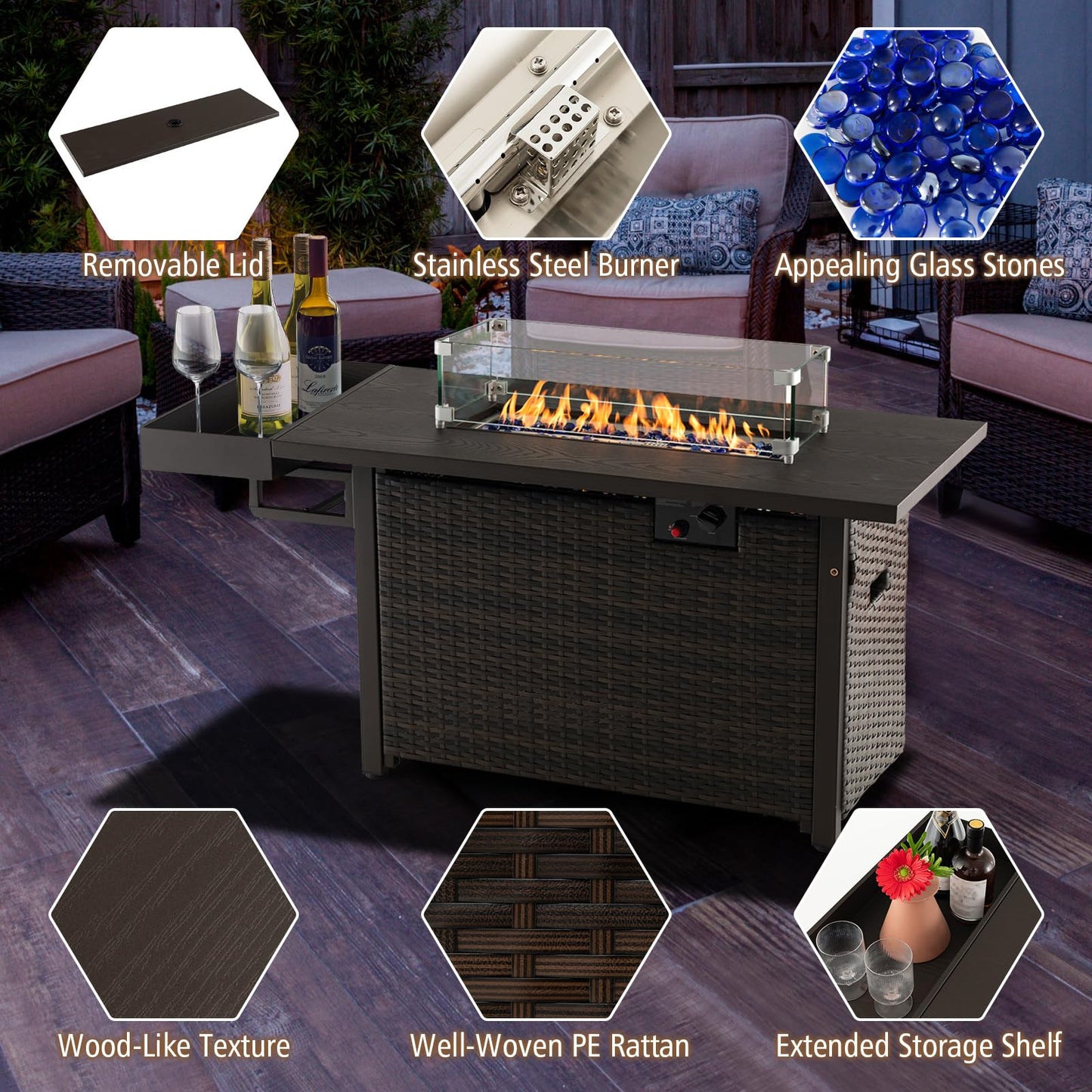 Tangkula Patio Propane Fire Pit Table, 52 Inch Wicker Gas Fire Pit with Wind Guard & Extended Shelf